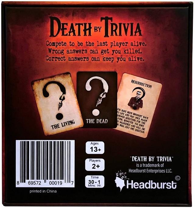 Death by Trivia Game for the dark, disturbed, debauched diabolical for 1 to 8 players ages 13